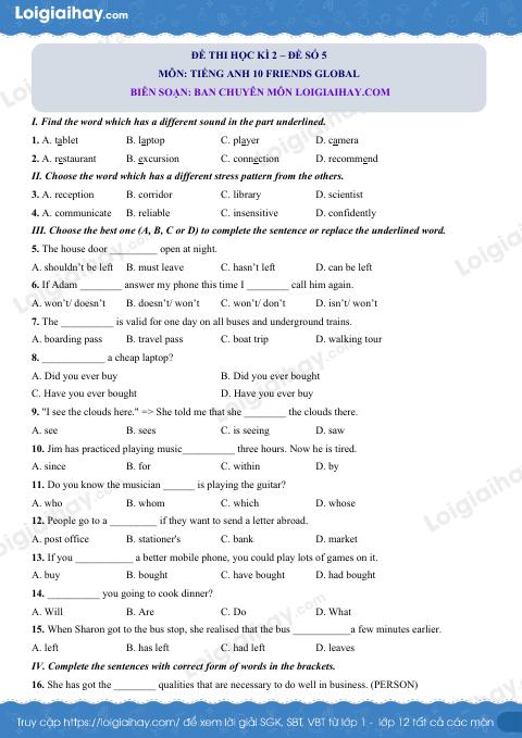Đề thi học kì 2 Tiếng Anh 10 Friends Global - Đề số 5